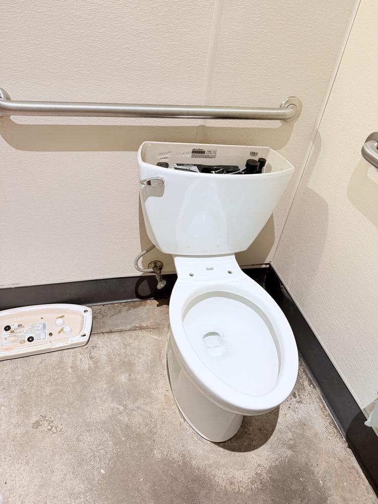 ADA-compliant toilet and grab bars installed in a commercial restroom